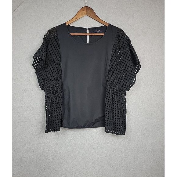 Madewell Tops - Madewell Top Cropped Womens Size Large Black Eyelet Ruched Short Sleeve Cotton